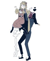 Rule 34 | 1boy, 1girl, arms up, black jacket, black pants, blonde hair, bow, bowtie, braid, coat, crown braid, dress, hat, highres, jacket, jester cap, library of ruina, lifting person, madotsuki ren, mask, medium hair, orange bow, orange bowtie, orange dress, oswald (project moon), pants, project moon, simple background, tiphereth a (project moon), white background, yellow coat