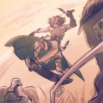 Rule 34 | 1boy, 1girl, anachronism, brown theme, bulging eyes, cape, chicxibalba, closed eyes, closed mouth, commentary, dark souls (series), dark souls ii, dress, emerald herald, english commentary, eye pop, feathers, full body, gloves, holding, holding feather, house, industrial pipe, laddersmith gilligan, looking at another, monochrome, open mouth, short hair, skateboard, skateboarding, smile, surprised