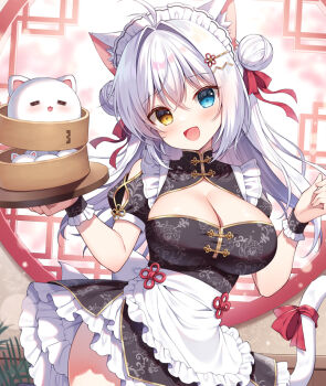 1girl :d aina_rive animal_ear_fluff animal_ears apron bamboo_steamer black_dress blue_eyes blush bow breasts brown_eyes cat_ears cat_girl cat_tail chinese_clothes cleavage cleavage_cutout clothing_cutout commentary_request double_bun dress frilled_apron frills grey_hair hair_bow hair_bun hair_intakes hair_ornament hairclip hands_up heterochromia holding large_breasts long_hair long_sleeves looking_at_viewer maid mauve open_mouth original puffy_long_sleeves puffy_sleeves qi_maid red_bow round_window shoulder_cutout smile solo tail very_long_hair white_apron window wrist_cuffs