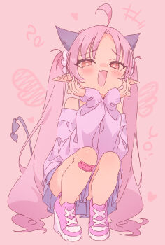 +++ 1girl :d ahoge bandaid bandaid_on_leg bare_shoulders commentary demon_girl demon_horns demon_tail fang full_body hands_up highres horns jigatei_(omijin) long_hair long_sleeves looking_at_viewer off-shoulder_shirt off_shoulder open_mouth original parted_bangs pink_background pink_hair pink_shoes platform_heels pleated_skirt pointy_ears puffy_long_sleeves puffy_sleeves purple_shirt purple_skirt red_eyes shirt shoes simple_background skirt sleeves_past_wrists smile solo symbol-only_commentary tail twintails very_long_hair