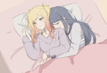 2girls absurdres black_hair blonde_hair blush closed_eyes closed_mouth commentary cuddling gradient_hair grey_shirt highres holding_hands hoshino_ichika_(project_sekai) hug hug_from_behind interlocked_fingers long_hair multicolored_hair multiple_girls pann_(1202zzzx00) pillow pink_eyes pink_hair project_sekai purple_shirt shirt sleeping smile tenma_saki twintails under_covers yuri