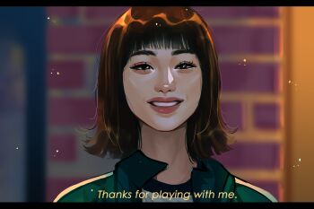 1girl aegyo_sal asian blunt_bangs blurry blurry_background brick_wall brown_hair eyelashes flipped_hair green_track_suit green_trim highres indoors jacket ji-yeong letterboxed light_particles looking_ahead medium_hair open_clothes open_jacket shirt short_bangs smile squid_game subtitled thick_eyebrows thick_lips track_jacket track_suit upper_body white_shirt zeebythesea