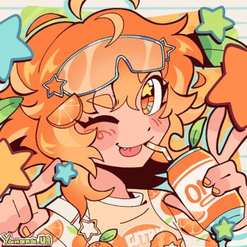 1girl artist_name can commentary commission drink english_commentary eyewear_on_head food-themed_hair_ornament food_print fruit_print hair_ornament holding holding_drink looking_at_viewer one_eye_closed orange-tinted_eyewear orange_eyes orange_hair orange_hair_ornament orange_print orange_shirt orange_theme original portrait print_shirt shirt smile solo star_(symbol) star_in_eye sunglasses symbol_in_eye tinted_eyewear tongue tongue_out v yanana_ua