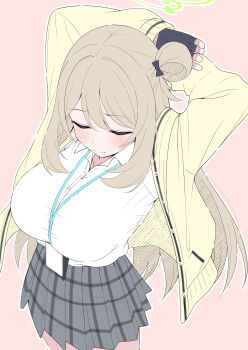 1girl absurdres blue_archive breasts closed_eyes commentary_request fingerless_gloves gloves green_halo halo highres large_breasts long_hair mistel_(sukebemistel) nonomi_(blue_archive) shirt skirt solo white_shirt