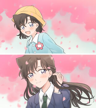 2girls :d aged_down blue_eyes blue_jacket blush brown_hair collared_shirt floating_hair green_neckwear hair_between_eyes hat jacket long_hair long_sleeves looking_at_viewer meitantei_conan mouri_ran multiple_girls necktie open_mouth pink_background school_uniform shirt short_hair smile split_screen very_long_hair white_shirt wing_collar yellow_headwear zarutsu