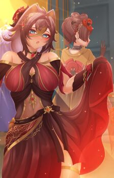 2girls absurdres alternate_costume bare_shoulders blue_eyes blush breasts brown_dress brown_gloves brown_hair chiori_(genshin_impact) choker cleavage cleavage_cutout clothing_cutout colored_bangs commentary_request cowboy_shot crossed_bangs dehya_(genshin_impact) diamond-shaped_pupils diamond_(shape) dress genshin_impact glint gloves hair_between_eyes hair_ears hair_ornament highres indoors japanese_clothes jewelry kii_960 kimono large_breasts long_hair looking_at_viewer mannequin multiple_girls open_mouth red_dress scene_reference skirt_hold stomach_cutout symbol-shaped_pupils thighlet two-tone_dress v yellow_kimono yellow_pupils