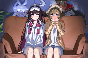 2girls alternate_costume alternate_hairstyle black_hair blue_eyes blush brown_hair closed_mouth columbina_(genshin_impact) commentary_request couch genshin_impact indoors kuuhenki_(genshin_impact) long_hair long_sleeves looking_at_viewer multiple_girls nao_(naoooo_a) on_couch parted_lips pulonia_(genshin_impact) purple_eyes purple_hair sandrone_(genshin_impact) sitting