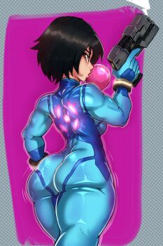 1girl absurdres ass back backboob big_hero_6 black_hair bodysuit breasts brown_eyes chewing_gum cosplay disney gogo_tomago gun highres holding holding_weapon huge_ass looking_back metroid muscular muscular_female nintendo pink_background polka_dot polka_dot_background reliusmax samus_aran short_hair super_smash_bros. weapon