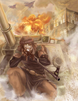 1boy aiming aircraft airplane arabic_text building command_&amp;_conquer command_&amp;_conquer:_generals commentary_request dragunov_svd explosion fighter_jet graphic--ops gun headwear_request highres jarmen_kell male_focus military military_vehicle motor_vehicle outdoors photoshop_(medium) rifle sitting sniper_rifle solo tank weapon