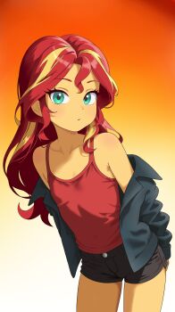 1girl black_shorts blonde_hair closed_mouth clothes_pull cowboy_shot female_focus gradient_background green_eyes hasbro highres jacket jacket_pull leaning_forward loli long_hair multicolored_hair my_little_pony my_little_pony:_friendship_is_magic oxidel personification red_hair red_shirt shirt short_shorts shorts sidelocks solo standing sunset_shimmer tank_top two-tone_hair