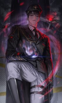 1boy absurdres black_hair black_necktie caleb_(love_and_deepspace) closed_mouth collared_shirt commentary deukdo grey_pants hat highres looking_at_viewer love_and_deepspace male_focus necktie pants rain shirt short_hair solo symbol-only_commentary thigh_strap white_shirt