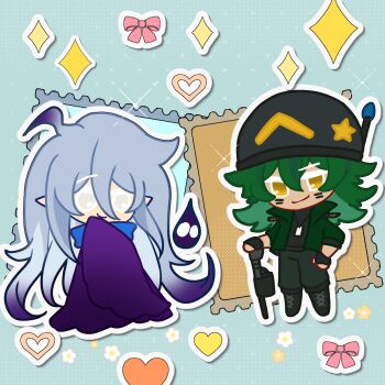2boys absurdly_long_hair ahoge androgynous ankle_boots black_boots black_gloves black_helmet black_shirt blue_background blue_hair blue_scarf boots bow cheek_tattoo chibi chibi_only chinese_commentary cloak closed_mouth collared_jacket commentary_request cookie_run double-parted_bangs fingerless_gloves floral_background flower full_body gatling_pea_(plants_vs._zombies) gloves gradient_hair green_hair green_jacket green_pants gun hair_between_eyes hand_on_own_hip heart helmet highres holding holding_gun holding_weapon jacket jitome lace-up_boots lanyard long_hair looking_at_another male_focus medium_hair multicolored_hair multiple_boys no_pupils open_clothes open_jacket orange_flower outline pants parody personification pink_bow plants_vs._zombies plants_vs._zombies_2 purple_cloak purple_hair scarf shadow_peashooter_(plants_vs._zombies) shirt short-sleeved_jacket short_sleeves siiiiiiiiiii simple_background smile sparkle_background standing star_(symbol) star_print style_parody tattoo trap two-tone_hair very_long_hair weapon white_eyes white_flower white_outline yellow_eyes