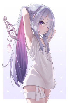 Rule 34 | 1girl, absurdres, argyle background, armpits, arms behind head, arms up, banteu, border, clothes writing, commentary, cowboy shot, detached wings, flat chest, from side, grey hair, hair over one eye, hair tie in mouth, highres, hololive, hololive english, koseki bijou, koseki bijou (pebble pajamas), long hair, long shirt, looking at viewer, mouth hold, multicolored hair, official alternate costume, outside border, ponytail, purple background, purple eyes, purple hair, shirt, simple background, solo, t-shirt, two-tone hair, tying hair, virtual youtuber, white border, white shirt, wings