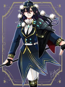 1girl adapted_costume alternate_costume armor black_boots black_gloves black_hair blue_hat blue_skirt blue_suit boots buttons collared_shirt diamond_(shape) diamond_button fingerless_gloves formal_clothes gloves gold_trim hat highres holding holding_staff iizunamaru_megumu jacket jewelry konton_hakusai long_hair multicolored_hair multicolored_jacket necklace pants pants_under_skirt pointy_ears pom_pom_(clothes) purple_background red_eyes shirt shoulder_armor shoulder_boards shoulder_pads skirt staff star_(symbol) star_print streaked_hair suit tokin_hat touhou two-tone_jacket two-tone_suit white_pants