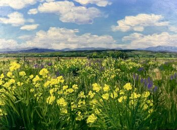 blue_sky cloud cloudy_sky commentary day english_commentary field flower flower_field highres kate_avery mountainous_horizon no_humans oil_painting_(medium) original outdoors painting_(medium) purple_flower real_world_location scenery sky traditional_media yellow_flower