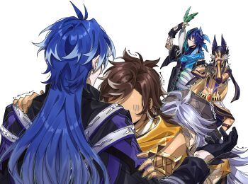 5boys animal_ears arm_tattoo armlet bat_ears behind_another blue_hair bracer brown_hair card coat commentary_request cyno_(genshin_impact) daikon faceless faceless_male facial_tattoo flins_(genshin_impact) food genshin_impact gloom_(expression) gloves grey_hair half_gloves height_difference highres holding holding_card holding_food holding_vegetable hood hood_up jacket jewelry long_hair male_focus multiple_boys nervous_sweating open_clothes open_jacket ororon_(genshin_impact) pale_skin radish razor_(genshin_impact) scared scarf sethos_(genshin_impact) shirt simple_background standing sweat tan tattoo trembling vegetable very_long_hair white_background yuka_(pixiv38407039)