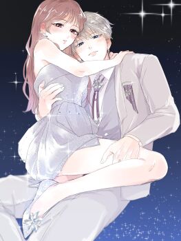 1boy 1girl absurdres arm_around_back bare_shoulders blue_eyes blush bolo_tie breasts brown_eyes brown_hair collared_shirt couple dress grey_dress grey_hair grey_jacket grey_pants grey_vest hair_between_eyes hetero highres jacket long_hair love_and_deepspace medium_breasts official_alternate_costume pants parted_lips protagonist_(love_and_deepspace) shinku_yu0226 shirt shoes short_hair silver_shoes sleeveless sleeveless_dress sparkle suit_jacket vest waistcoat white_shirt xavier_(love_and_deepspace)