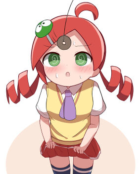1girl @_@ andou_ringo blue_socks blush clothes_lift drill_hair green_eyes hair_ornament hairclip highres hypnosis mind_control neckerchief psnt_8010 purple_neckerchief puyopuyo red_hair skirt skirt_lift socks sweatdrop tagme twin_drills twirling_hair vest yellow_vest