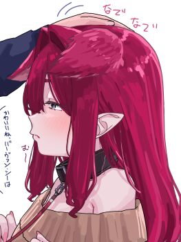 1girl animal_ears baobhan_sith_(fate) blush fate/grand_order fate_(series) green_eyes grey_eyes headpat highres holding holding_vial leash niwaikanai pointy_ears sidelocks solo_focus sweater translation_request vial white_background wolf_ears