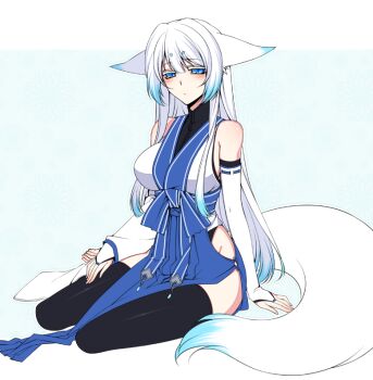 Rule 34 | 1girl, animal ears, asymmetrical clothes, bare shoulders, barefoot, blue eyes, blush, bridal gauntlets, detached sleeves, elbow gloves, female focus, floral background, fox ears, fox tail, gloves, japanese clothes, konshin, long hair, looking at viewer, no panties, orie mishiro, original, sitting, solo, tail, thighhighs, toeless legwear, toes, white hair, yokozuwari