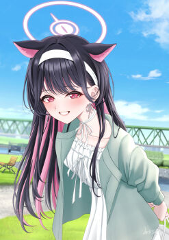 Rule 34 | 1girl, aged up, alternate hair length, alternate hairstyle, animal ears, arms behind back, bag, black hair, blue archive, blue jacket, blush, cat ears, cat girl, colored inner animal ears, colored inner hair, dress, earrings, extra ears, grin, hairband, halo, highres, holding, holding bag, jacket, jewelry, kazusa (blue archive), long hair, looking at viewer, multicolored hair, official alternate costume, open clothes, open jacket, park, pink eyes, pink hair, pink halo, smile, solo, two-tone hair, white bag, white dress, white hairband, yoshiki 3821