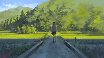 1girl arch arms_behind_back black_hair black_skirt blue_skirt blue_sky bridge cloud day faceless faceless_female female_focus fence field fir_tree forest full_body grass grey_socks kneehighs nature original outdoors path plant pleated_skirt road scenery school_uniform shirt short_hair signature skirt sky socks solo torii tree white_shirt yoshida_seiji