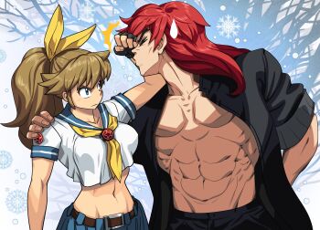 1boy 1girl blue_eyes brown_hair highres m.u.g.e.n oggy_(oggyoggy) original ponytail ryuko_(oggyoggy)