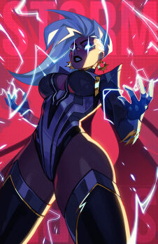 bodysuit character_name dark-skinned_female dark_skin earrings electricity highres jewelry leggings lightning marvel marvel_rivals mohawk no_pupils qtori storm_(x-men) superhero_costume white_eyes