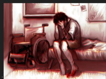 1boy bandaged_arm bandages black_hair blanket blood blood_on_feet blood_on_ground bloody_bandages color_filter commentary cry_of_fear english_commentary face_in_hands full_body half-life_(series) head_down highres hospital implied_injury messy_hair multiple_monochrome on_bed phone photo_(object) red_theme risuniya shirt short_hair shorts simon_henriksson sitting socks solo stitched_leg stitches t-shirt wheelchair