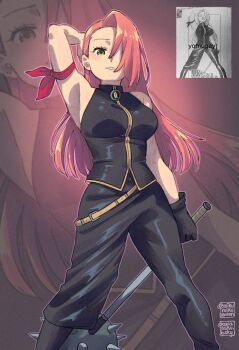 1girl ariamikukanzaki arm_up bandana_around_arm black_pants breasts commentary feet_out_of_frame film_grain green_eyes hair_over_one_eye highres holding holding_weapon isolde_(zenless_zone_zero) large_breasts mace pants pink_hair reference_inset signature sleeveless sleeveless_jacket solo spiked_mace spikes weapon zenless_zone_zero zoom_layer