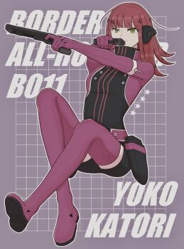 Rule 34 | 1girl, birthday, boots, breasts, character name, commentary, dual wielding, elbow gloves, english text, gloves, green eyes, gun, happy birthday, headphones, heattech leotard, highres, holding, holding gun, holding weapon, jacket, katori squad's uniform, katori youko, leotard, long hair, medium breasts, no tendon69, purple background, purple boots, purple gloves, purple jacket, red hair, smile, solo, star (symbol), symbol-only commentary, thigh boots, turtleneck, weapon, world trigger