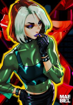 breasts brown_hair colored_bangs cyclops_(x-men) gambit gloves goth_fashion green_eyes highres lipstick maebiel makeup marvel multicolored_hair red_eyes rogue_(x-men) smile superhero_costume two-tone_hair white_hair x-men x-men_evolution