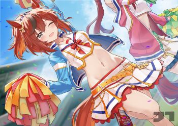 2girls ;d absurdres animal_ears arm_up belt belt_buckle blue_jacket blue_sky breasts brown_eyes brown_hair buckle cheerleader commentary_request confetti crop_top day highres holding holding_pom_poms horse_ears horse_girl horse_tail jacket jtleeklm long_hair looking_at_viewer medium_breasts medium_hair multicolored_hair multiple_girls navel nice_nature_(run&amp;win)_(umamusume) nice_nature_(umamusume) one_eye_closed open_mouth outdoors pink_jacket pom_pom_(cheerleading) pom_poms ponytail red_hair shirt skirt sky smile standing standing_on_one_leg stomach streaked_hair tail umamusume white_shirt white_skirt win_variation_(umamusume) yellow_belt