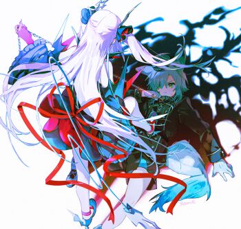 Rule 34 | 1boy, 1girl, animal ears, collar, gloves, hair over one eye, horns, leash, leash pull, lying, namie-kun, on back, original, stepped on, tail, white background, white hair