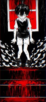 1boy against_window black_background black_hair black_shoes black_socks black_sweater_vest blood blood_on_ground child collar collarbone colored_skin commentary corrupted_twitter_file disembodied_eye empty_eyes english_text hashtag-only_commentary highres leaning makucrp male_focus omori scared shirt shoes short_hair short_sleeves shorts socks spot_color stairs sunny_(omori) sweat sweater_vest too_many_eyes white_eyes white_shirt white_skin white_socks wide-eyed