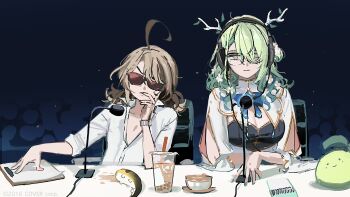 2girls ahoge announcer antlers arm_cutout arm_rest asymmetrical_bangs bow bowtie breasts brown_hair bubble_tea capelet ceres_fauna ceres_fauna_(1st_costume) chair cleavage clothing_cutout coffee collarbone commentary crowd cup curly_hair dark_background desk desk_microphone dress english_commentary flower framed_breasts gigi_murin glasses gold_trim grem_(gigi_murin) grey_hair hair_flower hair_ornament hair_over_shoulder hand_on_own_chin head_tilt headphones highres hololive hololive_english horns indoors long_sleeves low_twintails mole mole_under_eye multicolored_hair multiple_girls note notepad partially_unbuttoned radio_booth recording_studio sapling_(ceres_fauna) shirt short_twintails sitting sleeve_rolled_up stroking_own_chin suaviterra sunglasses teacup thinking tree_horns twintails two-tone_hair virtual_youtuber watch white_shirt wide_sleeves wristwatch yellow_eyes