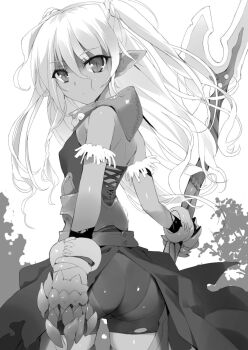 1girl armor ass ass_focus bare_back bare_shoulders bike_shorts closed_mouth covered_erect_nipples dot_nose edelgard_(isekai_maou) female_focus flat_chest highres holding holding_lance holding_polearm holding_spear holding_weapon isekai_maou_to_shoukan_shoujo_no_dorei_majutsu lance long_hair looking_at_another looking_at_viewer monochrome no_bra novel_illustration official_art pants pointy_ears polearm sexually_suggestive sleeveless solo solo_focus spear tight_clothes tight_pants tsurusaki_takahiro twintails weapon