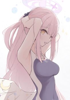 1girl adjusting_hair black_scrunchie blue_archive blush breasts commentary competition_swimsuit covered_navel crescent grin hair_ornament hair_scrunchie halo highres long_hair low_wings matchadzuke medium_breasts mika_(blue_archive) one-piece_swimsuit pink_hair pink_halo scrunchie sidelocks smile solo swimsuit teeth very_long_hair white_wings wing_ornament wings yellow_eyes