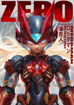 1boy absurdres android armor blonde_hair blue_eyes character_name forehead_jewel helmet highres long_hair male_focus mega_man_(series) mega_man_zero_(series) narcissus111 red_armor red_helmet solo upper_body zero(z)_(mega_man) zero_(mega_man)