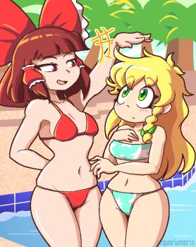 2girls alternate_costume arm_behind_back bikini blonde_hair blue_bikini blunt_bangs braid breasts brown_hair green_eyes hair_ribbon hakurei_reimu height_comparison height_difference kirisame_marisa long_hair medium_hair multiple_girls navel palm_tree pool print_bikini quarium red_bikini red_eyes ribbon side_braid skindentation star_(symbol) star_print star_print_bikini swimsuit tall_female touhou tree