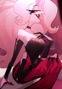 1boy angel_dust black_gloves breasts crossdressing drag_queen dress elbow_gloves gloves hazbin_hotel hellaverse highres large_breasts long_hair looking_at_viewer pink_hair red_dress side_slit sigma117 smile solo thighs
