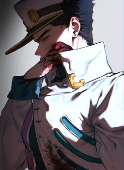 Rule 34 | 1boy, black hair, black shirt, blood, blood on clothes, blood on face, blood on hands, blue eyes, chromatic aberration, coat, commentary request, earrings, from side, half-closed eyes, hand up, hat, highres, jewelry, jojo no kimyou na bouken, kuujou joutarou, light particles, long sleeves, looking at viewer, male focus, shirt, simple background, solo, upper body, vento aureo, white background, white coat, white hat, zxor1q0