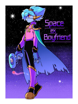 Rule 34 | 1boy, blue gloves, blue hair, boots, border, cape, captain spaceboy, closed mouth, colored sclera, commentary request, fingerless gloves, full body, gloves, green cape, gun, holding, holding gun, holding weapon, long sleeves, male focus, omori, profile, red eyes, short hair, solo, standing, weapon, white border, yellow sclera, zabalam inana