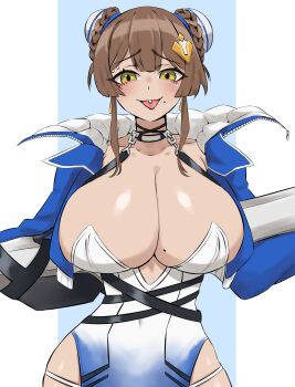 1girl bare_shoulders black_choker blue_dress blue_jacket blush braid braided_bun breasts brown_hair bun_cover chaos_zero_nightmare choker cleavage cropped_jacket double_bun dress eyeliner gradient_clothes gradient_dress hair_bun hair_ornament highres huge_breasts jacket looking_at_viewer makeup mole mole_on_breast mole_under_mouth off_shoulder open_clothes open_jacket panty_straps pelvic_curtain piercing purokuro_p red_eyeliner short_hair_with_long_locks solo strapless strapless_dress tongue tongue_out tongue_piercing yellow_eyes yuki_(chaos_zero_nightmare)