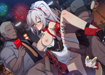 1girl 2boys black_gloves black_shirt blue_eyes boots breasts breasts_out clothing_aside dark-skinned_male dark_skin double_v fingerless_gloves fireworks gloves grey_jacket group_sex hetero honkai_(series) honkai_impact_3rd interracial jacket kiana_kaslana kiana_kaslana_(ba-dum!_fiery_wishing_star) lao_meng large_breasts long_hair mmf_threesome multiple_boys necktie netorare nipples one_eye_closed open_mouth orange_necktie penis ponytail pussy rice_cake_(honkai_impact) sex shirt single_glove single_thigh_boot standing standing_on_one_leg standing_sex testicles thigh_boots threesome v very_long_hair