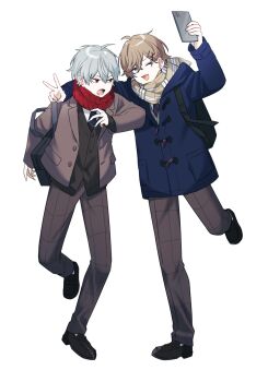 2boys alternate_costume annoyed arm_around_shoulder arm_up bag black_necktie black_shoes black_vest blue_coat brown_hair brown_jacket brown_pants checkered_clothes checkered_pants coat commentary_request diagonal-striped_clothes diagonal-striped_necktie full_body green_eyes grey_hair highres holding holding_phone jacket kanae_(nijisanji) kuzuha_(nijisanji) long_sleeves looking_at_another male_focus multiple_boys nana72710193 necktie nijisanji one_eye_closed open_mouth pants phone plaid_clothes plaid_scarf red_eyes red_necktie red_scarf scarf school_bag selfie shirt shoes simple_background smile striped_clothes taking_picture v vest virtual_youtuber white_background white_shirt winter_clothes winter_coat yellow_scarf