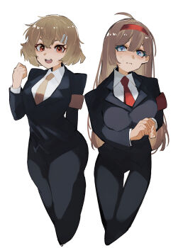 Rule 34 | 2girls, armband, ass, black jacket, black pants, blue eyes, breasts, brown armband, brown eyes, brown hair, brown necktie, collared shirt, cosplay, costume switch, hairband, highres, hod (project moon), jacket, large breasts, lobotomy corporation, long hair, long sleeves, looking at viewer, malkuth (project moon), multiple girls, nakame77, necktie, open mouth, pants, project moon, red armband, red hairband, red necktie, shirt, short hair, simple background, smile, standing, upper body, white background, white shirt