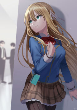 1girl 2boys absurdres blonde_hair blue_jacket bow bowtie braid breasts brown_skirt closed_mouth green_eyes hair_between_eyes hair_ribbon heaven_burns_red highres jacket long_hair long_sleeves looking_to_the_side multiple_boys nil_(pixiv_53614557) pantyhose plaid_clothes plaid_skirt pleated_skirt red_bow red_bowtie ribbon school_uniform skirt solo_focus standing striped_clothes striped_pantyhose striped_skirt toujou_tsukasa vertical-striped_clothes vertical-striped_pantyhose white_ribbon