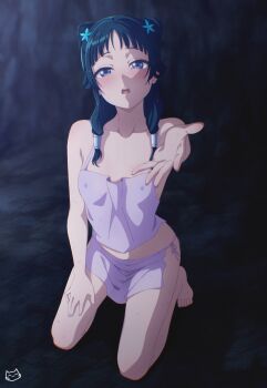 1girl artist_logo barefoot blue_eyes blue_flower blue_hair blunt_bangs blush breasts cave chinese_clothes collarbone commentary cone_hair_bun covered_erect_nipples double_bun dudou flower full_body green_hair hair_bun hair_flower hair_ornament hair_over_shoulder half-closed_eyes highres indoors keihh kneeling kusuriya_no_hitorigoto logo long_hair looking_at_viewer maomao_(kusuriya_no_hitorigoto) midriff navel outstretched_hand paid_reward_available small_breasts solo symbol-only_commentary thighs underwear wet