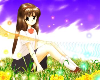 Rule 34 | 1girl, bad id, black eyes, black skirt, bow, bowtie, brown hair, brown hairband, brown shoes, closed mouth, flower, from side, grass, hairband, knees up, loafers, long hair, looking at viewer, looking to the side, oda shuuki, on ground, original, outdoors, red bow, red bowtie, shirt, shoes, short sleeves, sitting, skirt, smile, socks, solo, white shirt, white socks, yellow flower